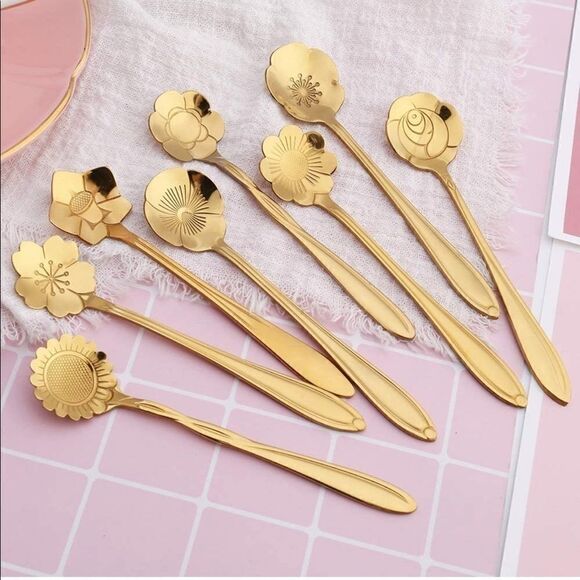 Silver Gold 8pcs Stainless Steel Flower Spoon Set - Picture 10 of 16